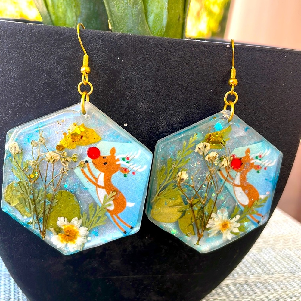 XMAS Pressed Flower Handmade Large Holiday Earrings Blue Rudolph Hexagon